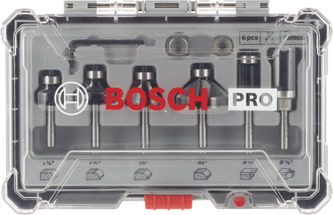 Комплект фрези за обработка и кантиране Bosch PRO с опашка 1/4″, 6 части.