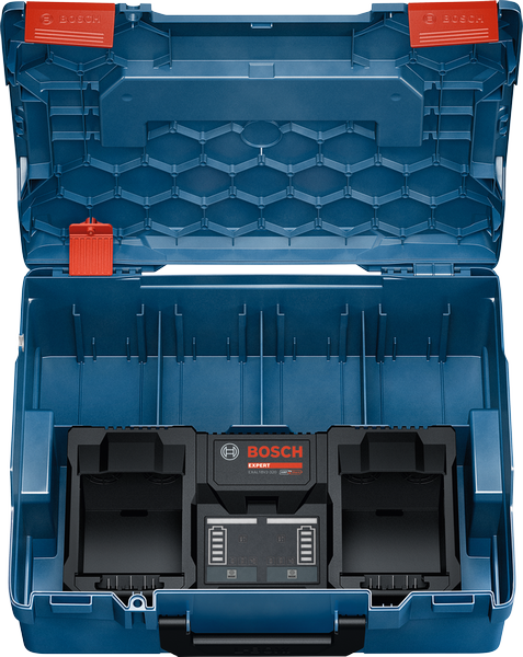 Двойно зарядно устройство за акумулатори Bosch 18V в син калъф за съхранение.
