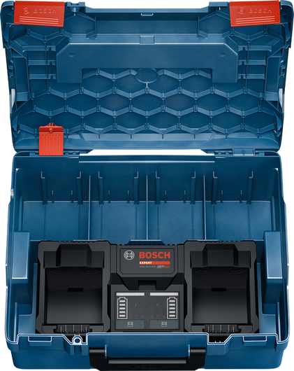 Двойно зарядно устройство за акумулатори Bosch 18V в син калъф за съхранение.