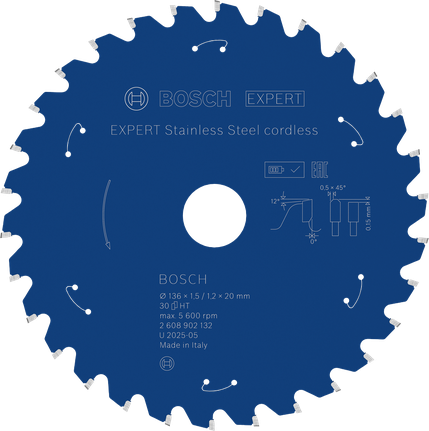 Акумулаторен циркулярен диск от неръждаема стомана Bosch EXPERT, 136 мм.