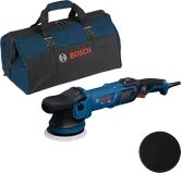 Полираща машина Bosch GPX9-125S с чанта за носене и подложка.