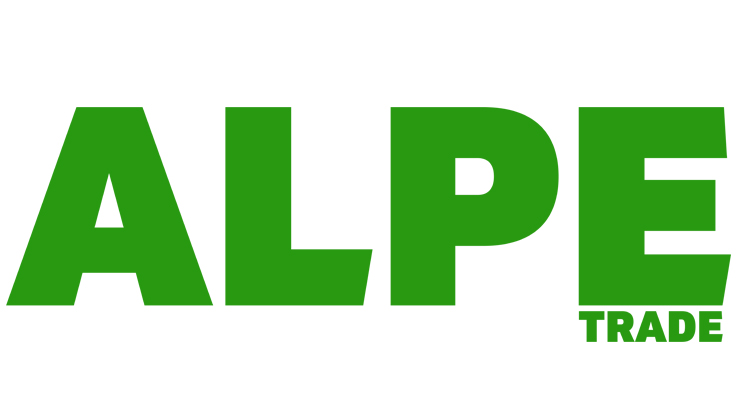 Зелено лого на ALPE TRADE с големи букви на бял фон.