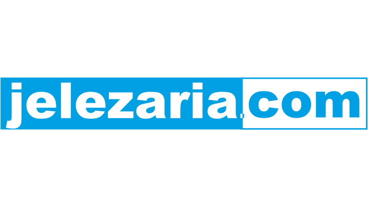 Логото на jelezaria.com на син фон с бели букви.