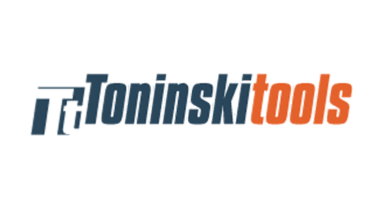 Лого на Toninski Tools с тъмен и оранжев шрифт на бял фон.