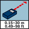 Mērīšanas diapazons attālumam 30 m / 98 pēdas Mērīšanas diapazons no 0,15 līdz 30 m / no 0,49 līdz 98 pēdām