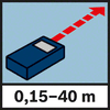 Distance measuring range 40 m Measuring range of 0.15 to 40 m