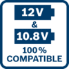 100 % compatibil cu 10,8 & 12V Toate sculele, acumulatorii şi încărcătoarele Bosch Professional de 10,8V sunt 100 % compatibile cu toate sculele, acumulatorii şi încărcătoarele Bosch Professional de 12V
