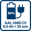 Аккумулятор 6,0 А•ч заряжен на 80 % после 35 минут зарядки в GAL 1880 CV 