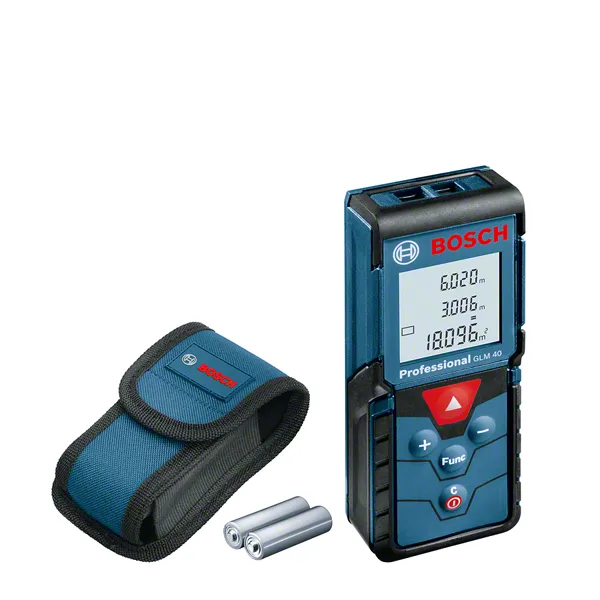 Bosch GLM 40 lazerli ölçüm aleti, kutusu ve pilleriyle birlikte.