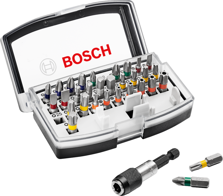 Coffret de 32 embouts de tournevis Bosch avec porte-embouts à changement rapide.
