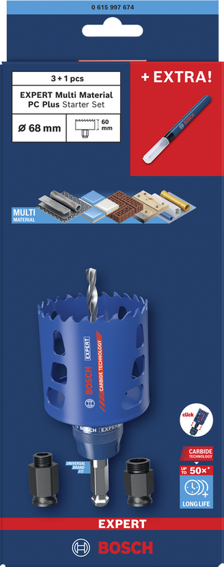 Bosch EXPERT Multi Material Starter Kit mit Bohrlochmarkierer.