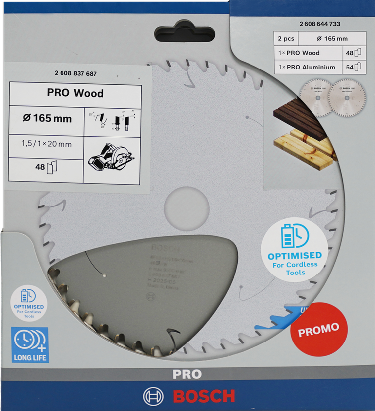 Bosch PRO Wood & Aluminium Circular Saw Blade 165 mm promo pack.