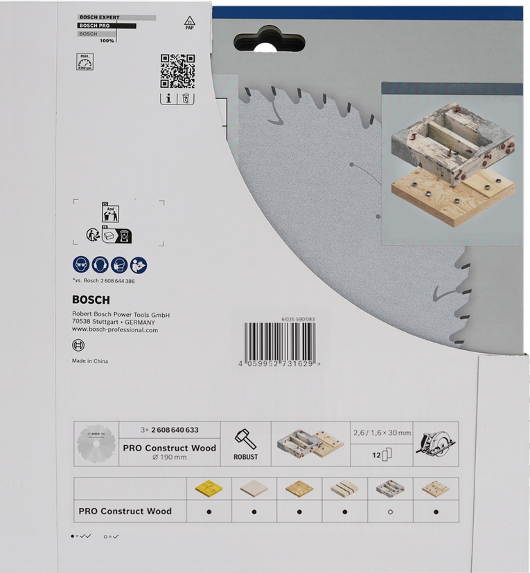 Bosch PRO Construct Wood Circular Saw Blade 190 mm promo pack.