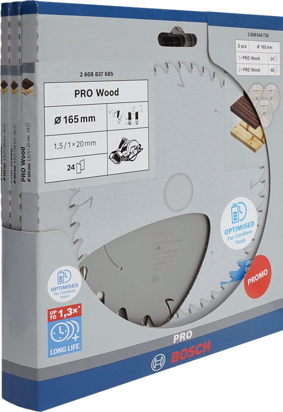 Bosch PRO Wood 165 mm circular saw blade 3-pack.