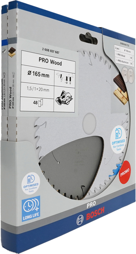 Bosch PRO Wood & Aluminium 165 mm circular saw blade promo pack.
