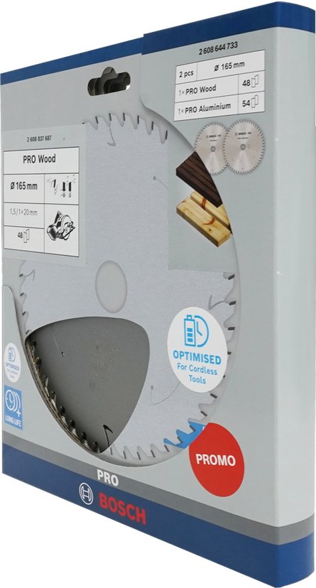 Bosch PRO Wood & Aluminium 165 mm circular saw blade 2 pcs promo pack.