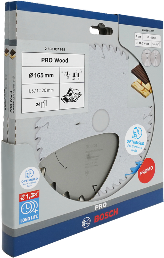 Bosch PRO Wood circular saw blade 165 mm 2 pcs promo pack.