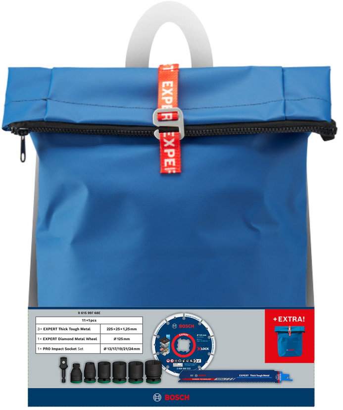 Bosch EXPERT Abbruch- und Installationsset in blauer Tasche.