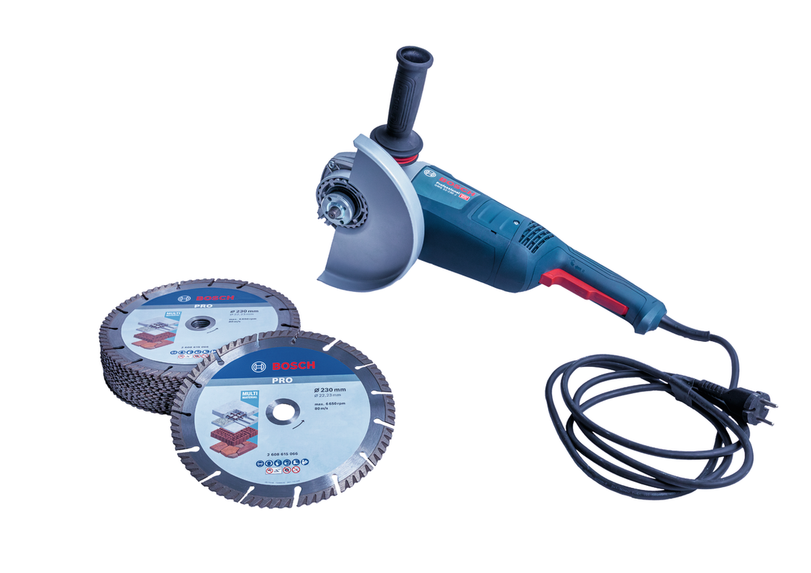 Discos de corte de diamante multimaterial Bosch PRO de 230 mm y amoladora angular PRO HEAVY DUTY GWS 22-230 J.