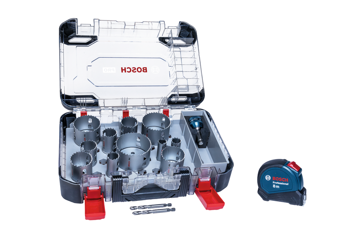 Bosch PRO Multi Material PC Plus Lochsägen-Set und Maßband.