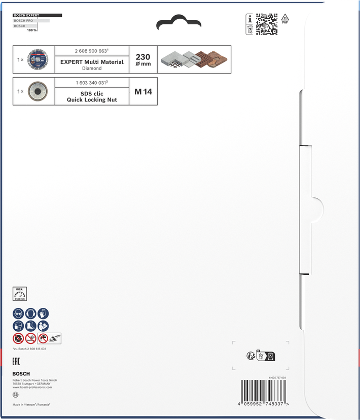 Bosch EXPERT Multi Material Diamanttrennscheibe 230 mm mit Klickmutter.