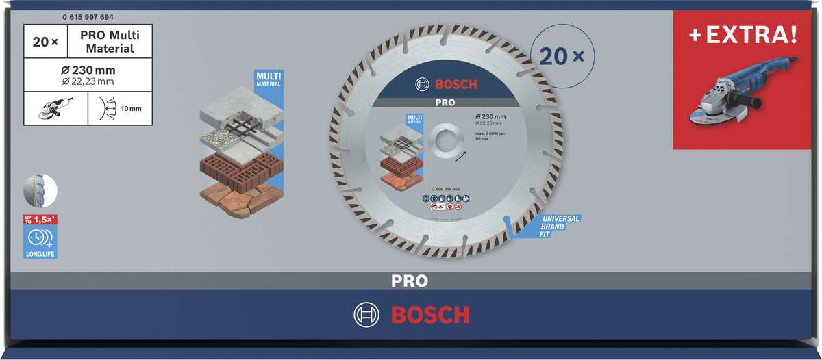 Disco de corte de diamante multimaterial Bosch PRO de 230 mm para corte universal.