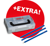 Bosch Mini L-Boxx mit drei Zimmermannsbleistiften.