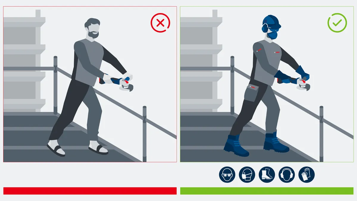 A person uses a grinder on scaffolding, wearing safety equipment on the right side.