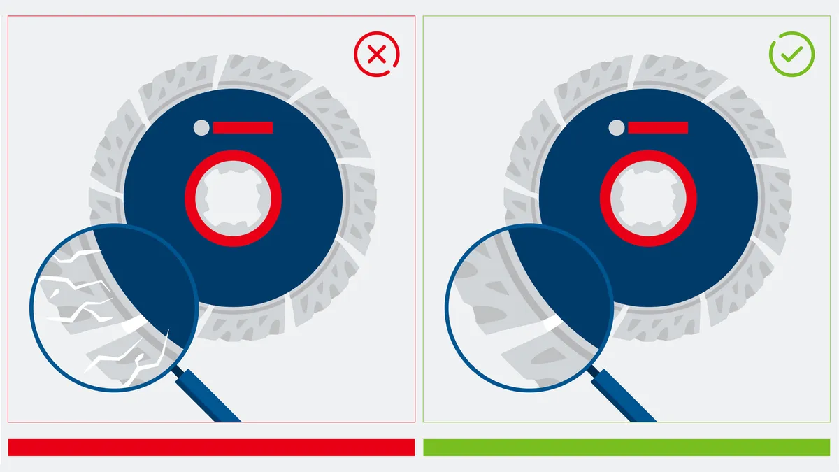 Magnifying glass inspects cutting discs to compare worn and intact blade edges.