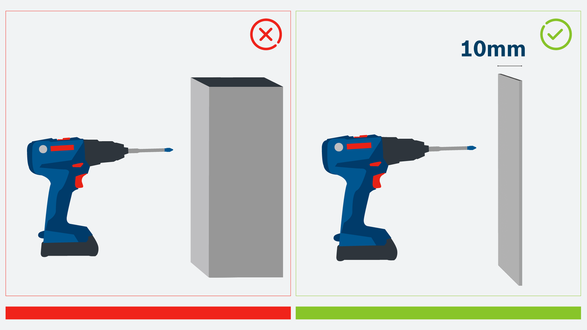 Bosch drill showing recommended 10mm tile thickness limit.