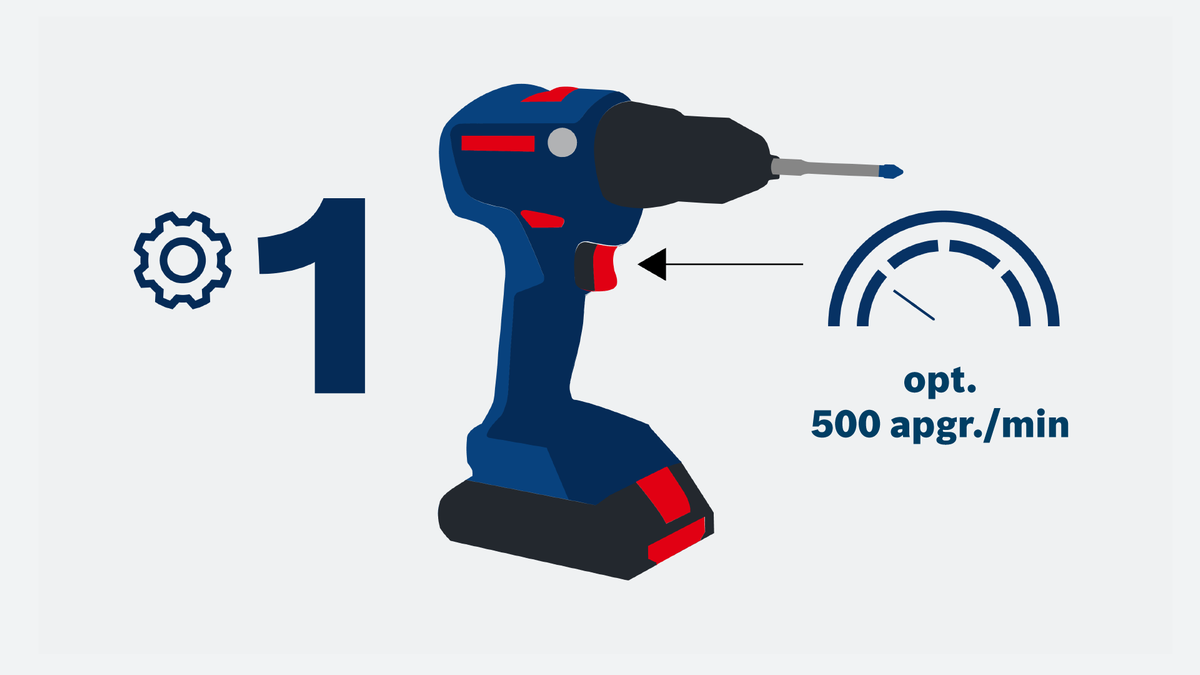 Bosch akumulatora urbjmašīna, 1. pārnesums, optimālie 500 apgr./min.