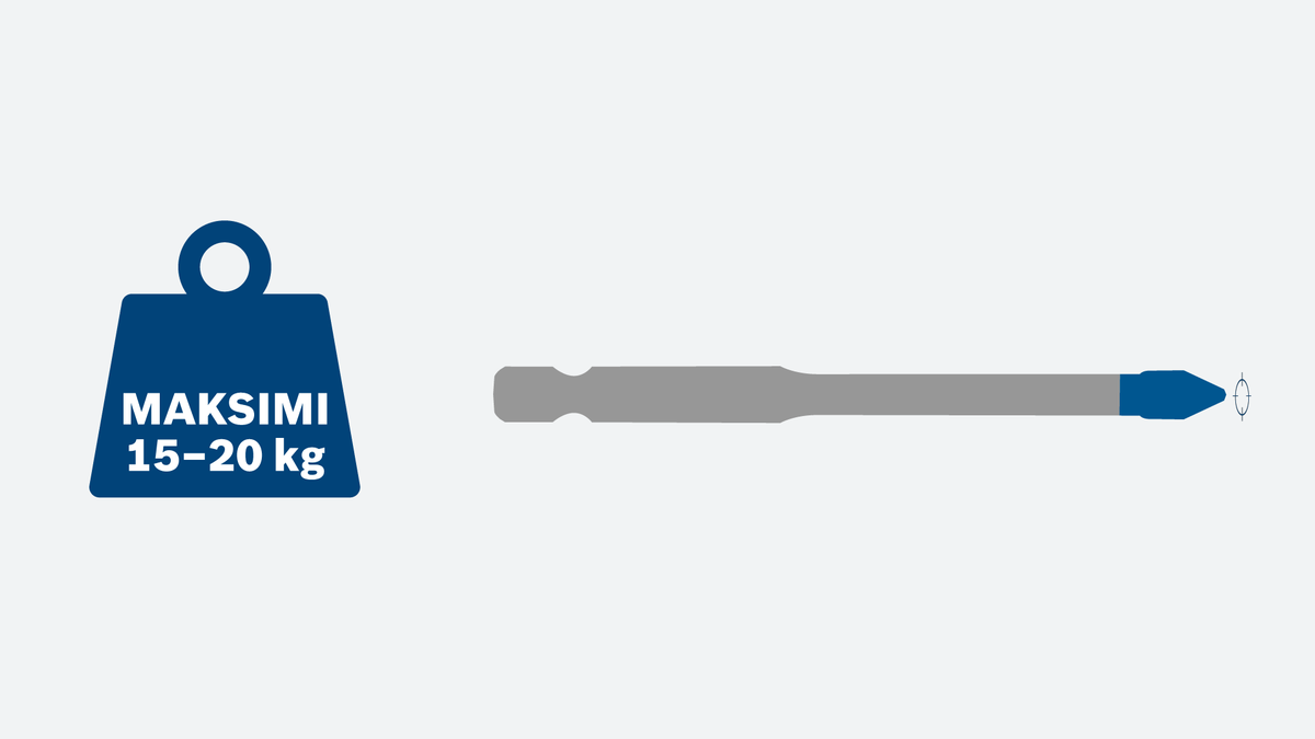 Bosch ruuvimeisselin kärki, jonka enimmäispaine on 15–20 kg.