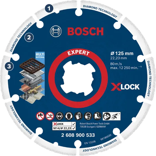 דיסק חיתוך יהלום Bosch EXPERT X-LOCK לחיתוך מגוון חומרים.