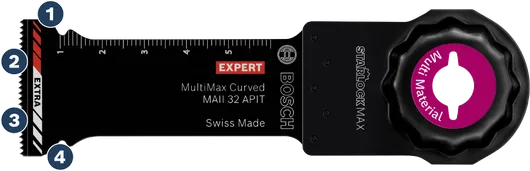 Lame courbe Bosch MultiMax pour la découpe de matériaux multiples.
