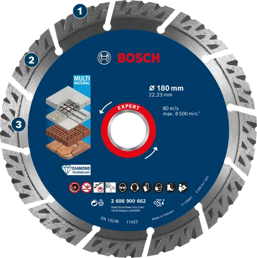Disco de corte de diamante Bosch para uso en múltiples materiales.