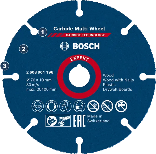 Disco de corte multidisco de carburo Bosch para madera y plástico.