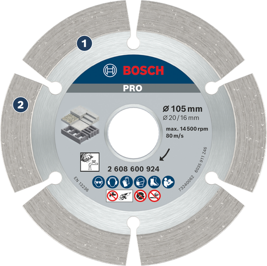 Disco diamantado para betão Bosch PRO de 105 mm para corte rápido de betão.