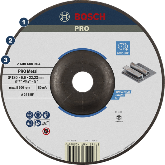 Disco de corte de metal Bosch PRO para una larga vida útil y un ajuste universal.