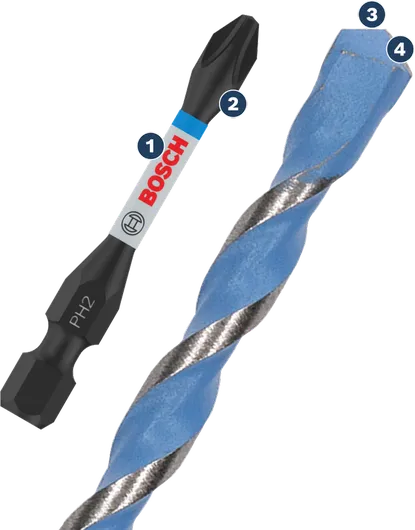 Bosch PH2 screwdriver bit and blue twist drill for wood.