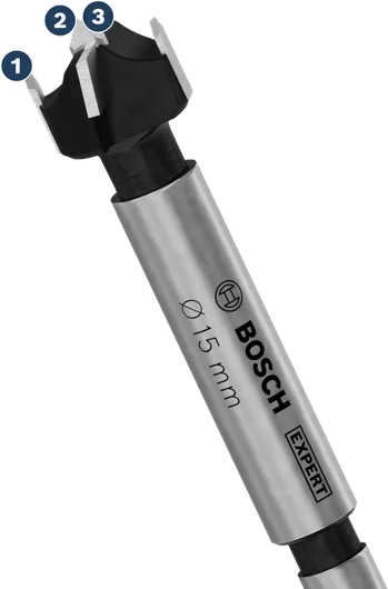 Broca Bosch EXPERT de 15 mm para cortar bisagras de madera laminada.