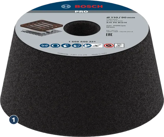 Piedra de amolar cónica Bosch para superficies metálicas.
