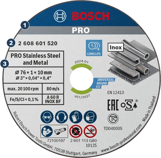 Disco de corte Bosch PRO de acero inoxidable y metal vulcanizado de 76 mm.