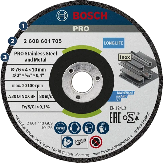 Disco abrasivo Bosch PRO de acero inoxidable y metal, 76 x 4 x 10 mm.