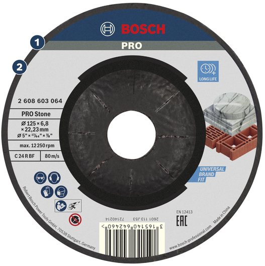 Disco de corte de piedra Bosch PRO para una larga vida útil.