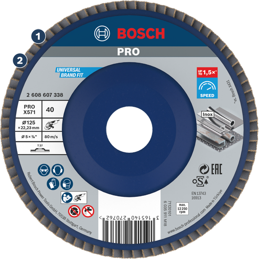 Bosch PRO X571 flap disc for metal grinding.