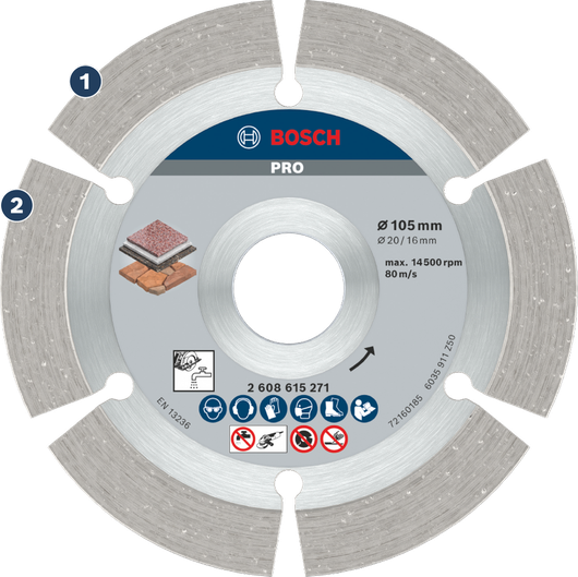 Disco de diamante Bosch PRO Stone de 105 mm para cortar piedra.