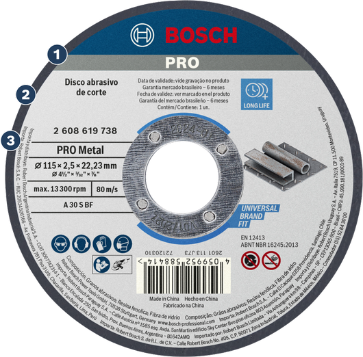 Disco de corte de metal Bosch PRO de 115 x 2,5 mm para acero.