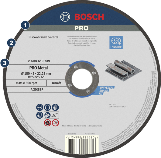 Disco de corte abrasivo Bosch PRO Metal para metal universal.