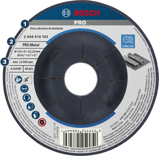 Disco de desbaste para metal Bosch PRO, 115 x 6 x 22,23 mm.