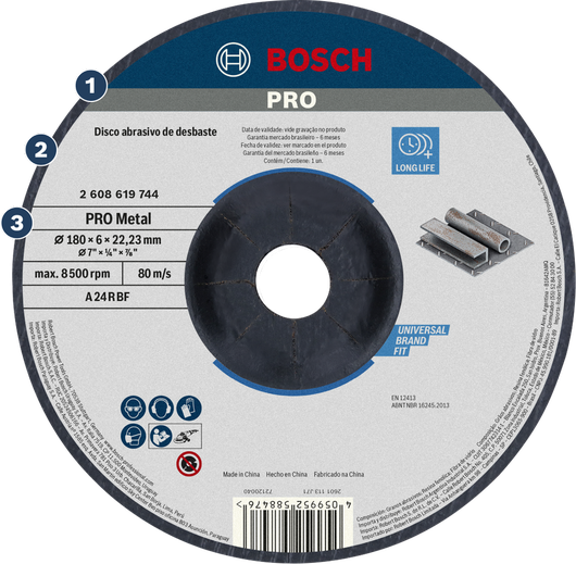 Disco de desbaste para metal Bosch PRO, 180 x 6 x 22,23 mm.